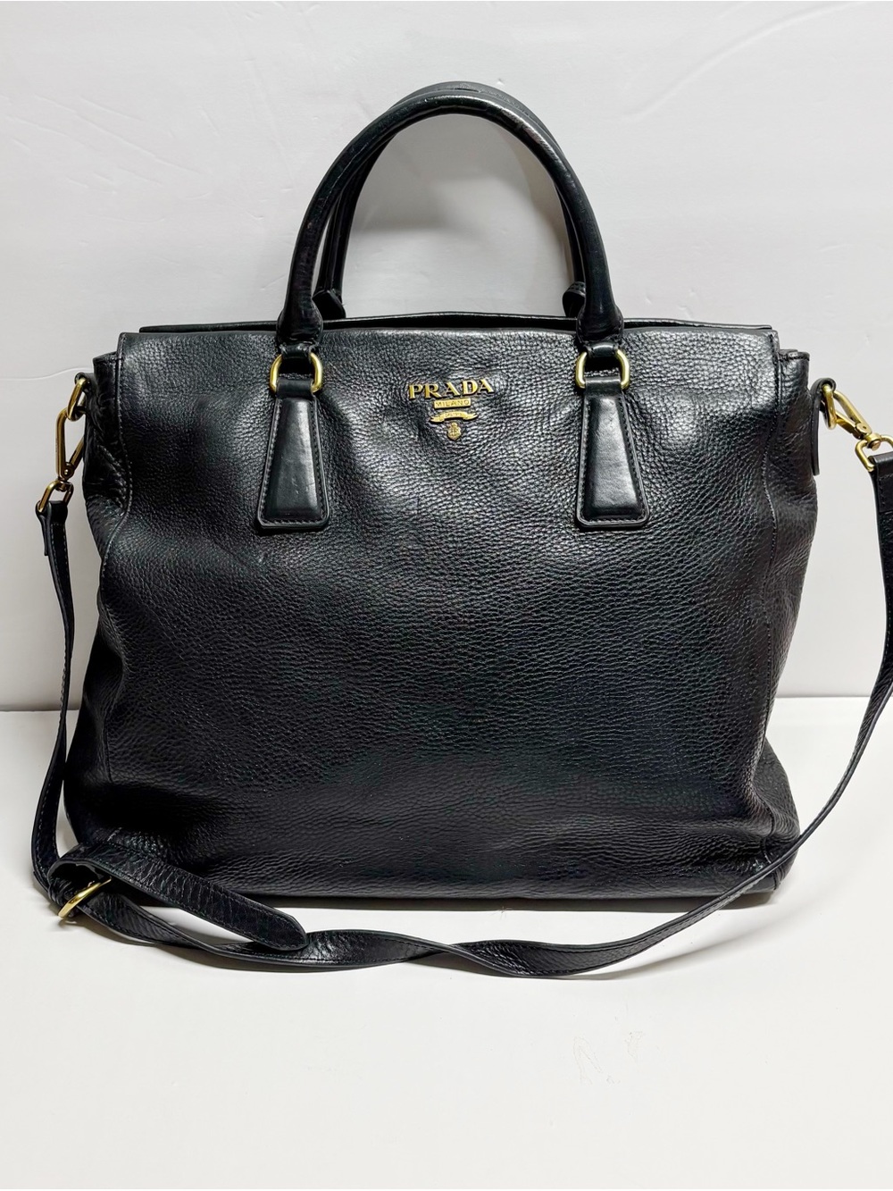 Prada Black Pebbled Leather Satchel with Gold Hardware